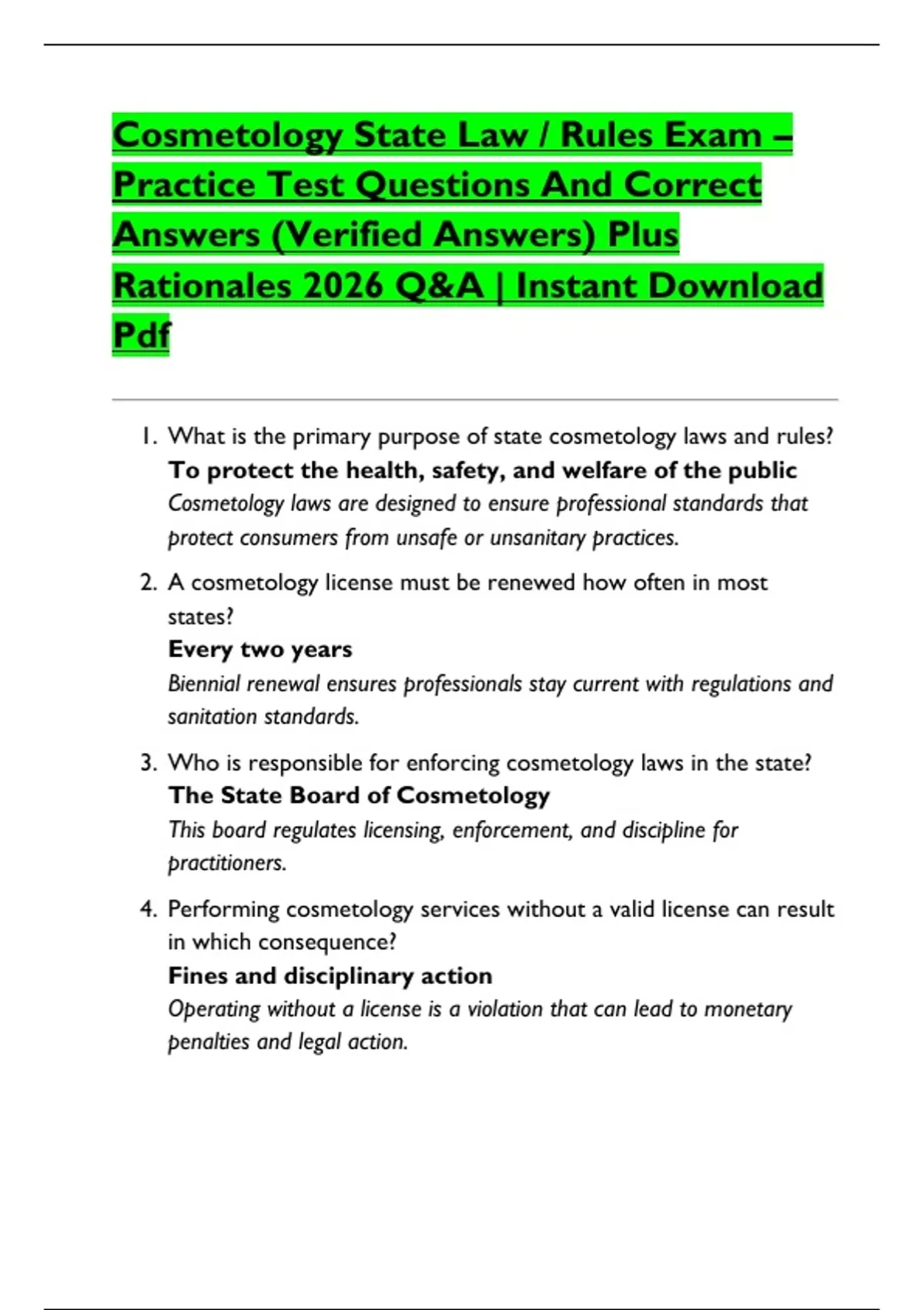 Cosmetology State Law / Rules Exam – Practice Test Questions And Correct Answers (Verified ...