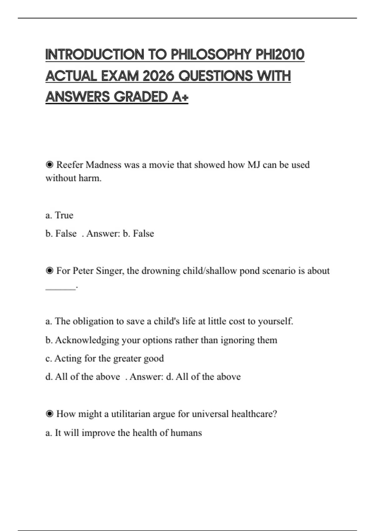 INTRODUCTION TO PHILOSOPHY PHI2010 ACTUAL EXAM 2026 QUESTIONS WITH ...