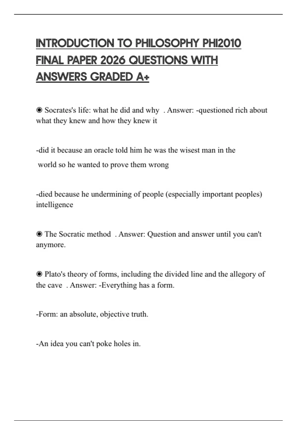 INTRODUCTION TO PHILOSOPHY PHI2010 FINAL PAPER 2026 QUESTIONS WITH ...