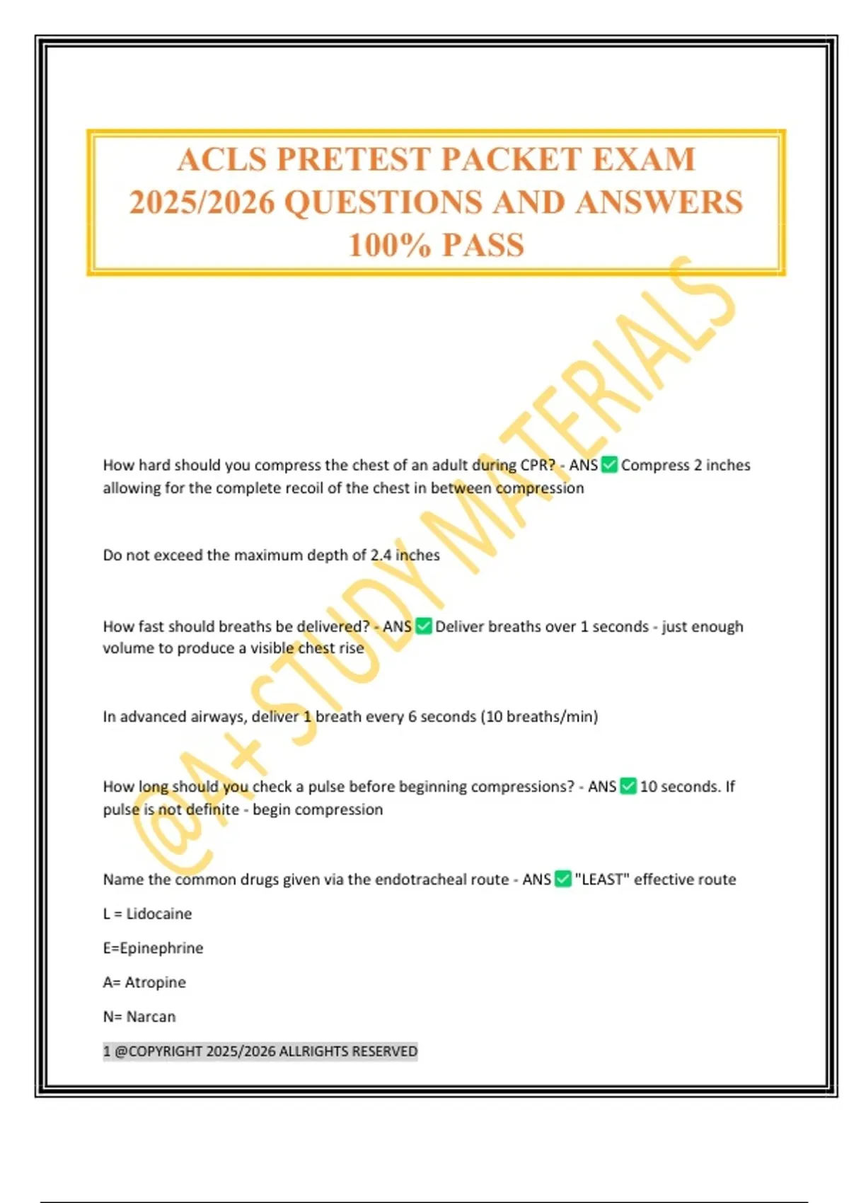 ACLS PRETEST PACKET EXAM 2025/2026 QUESTIONS AND ANSWERS 100% PASS ...