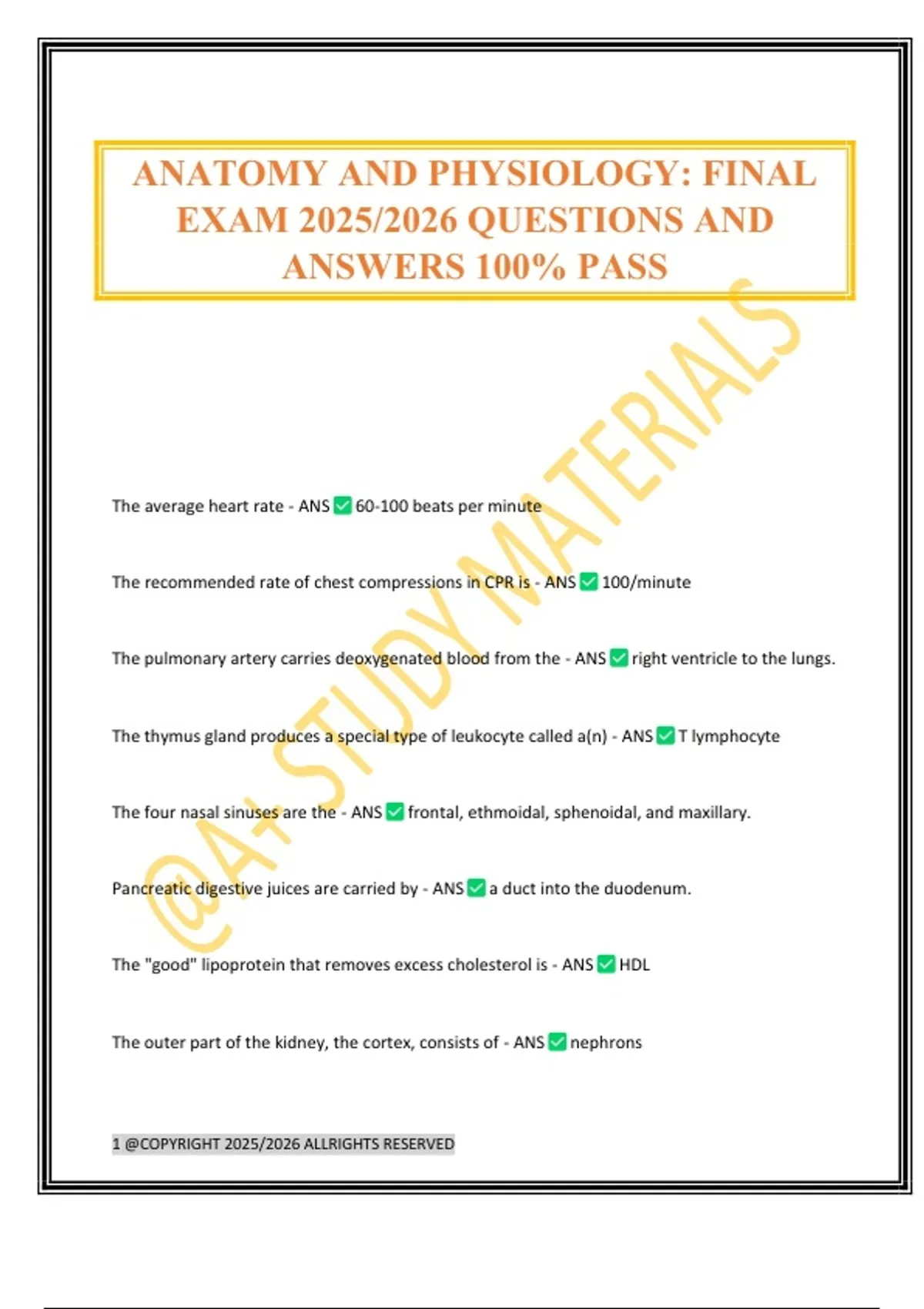 ANATOMY AND PHYSIOLOGY: FINAL EXAM 2025/2026 QUESTIONS AND ANSWERS 100% ...