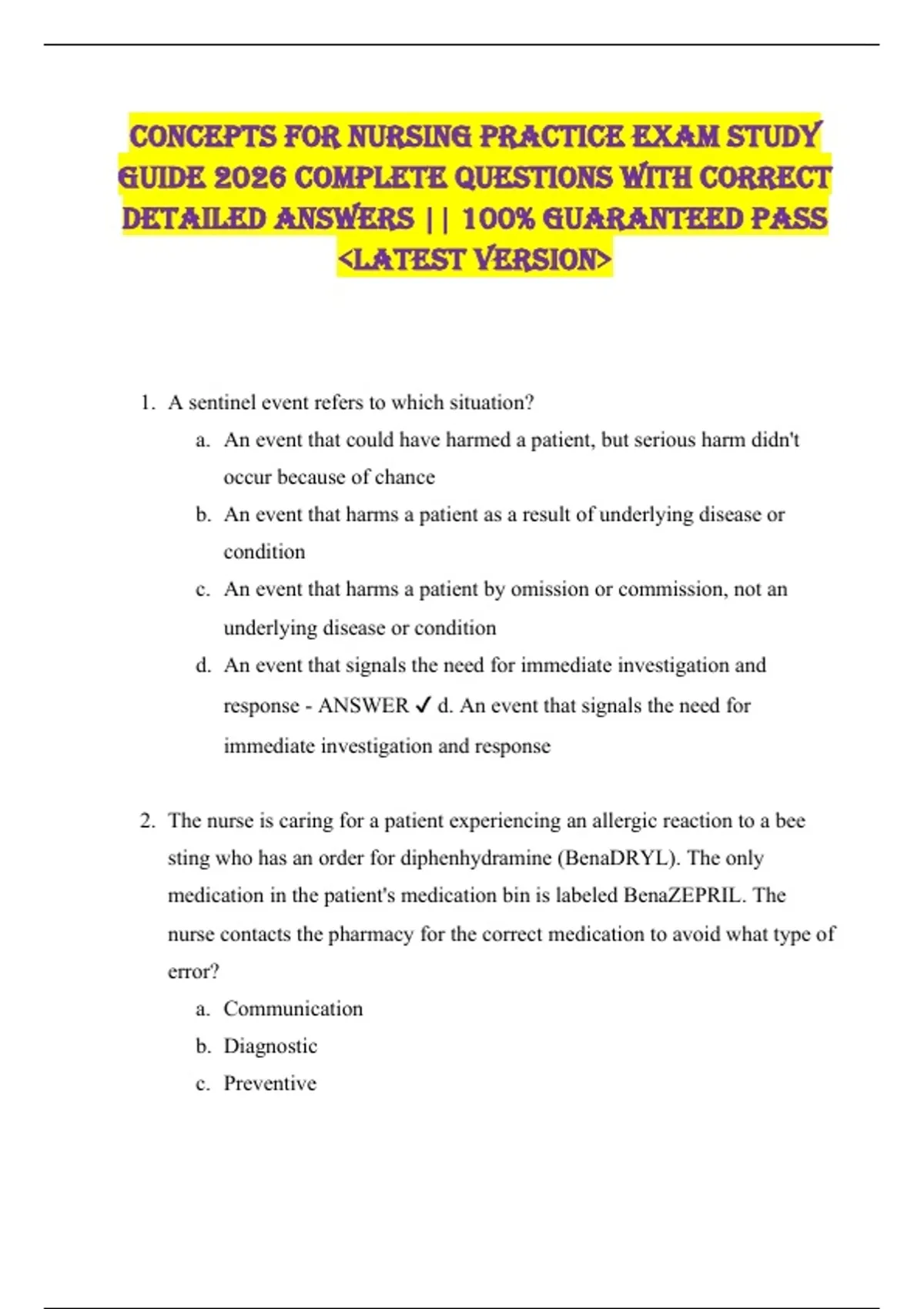 Concepts for Nursing Practice EXAM STUDY GUIDE 2026 COMPLETE QUESTIONS ...