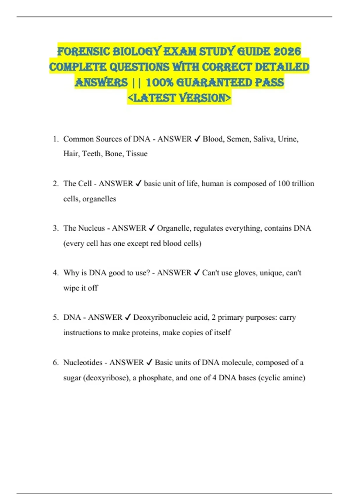Forensic Biology EXAM STUDY GUIDE 2026 COMPLETE QUESTIONS WITH CORRECT ...