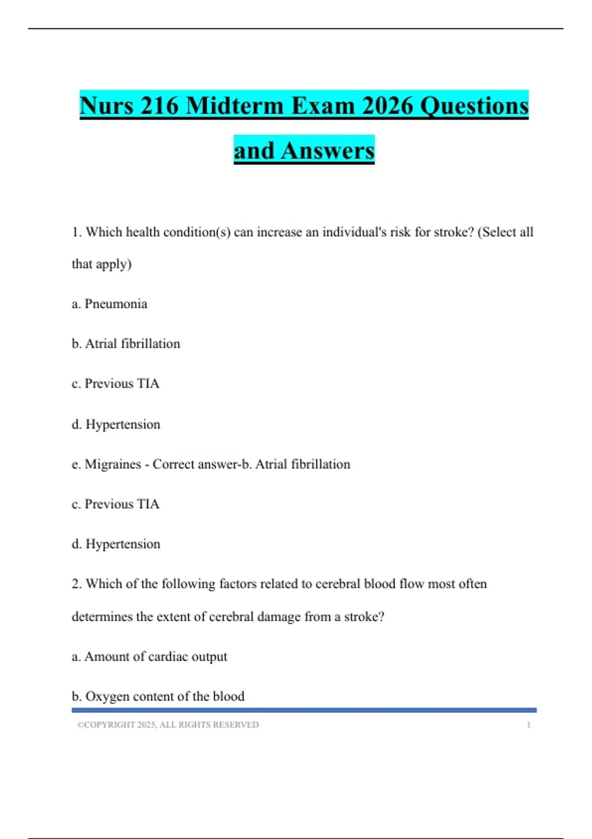 Nurs 216 Midterm Exam 2026 Questions and Answers - NURS 120 - Stuvia US