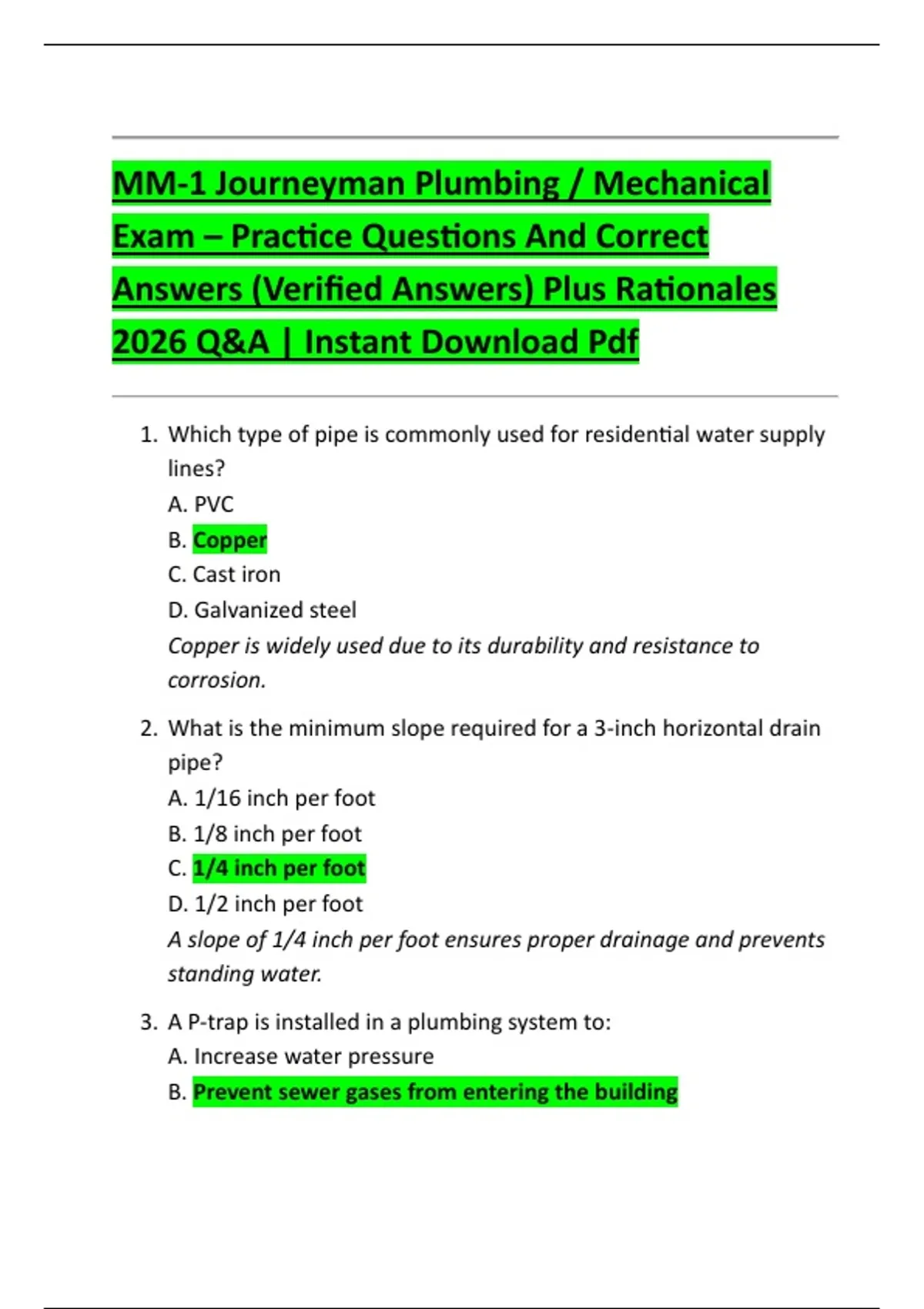 MM-1 Journeyman Plumbing / Mechanical Exam – Practice Questions And Correct Answers (Verified ...