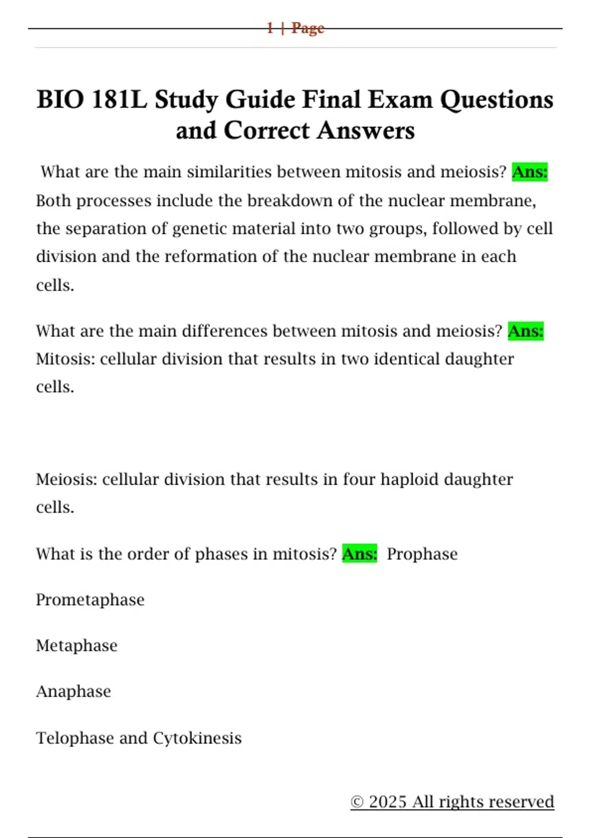 BIO 181L Study Guide Final Exam Questions and Correct Answers - Bio 181 ...