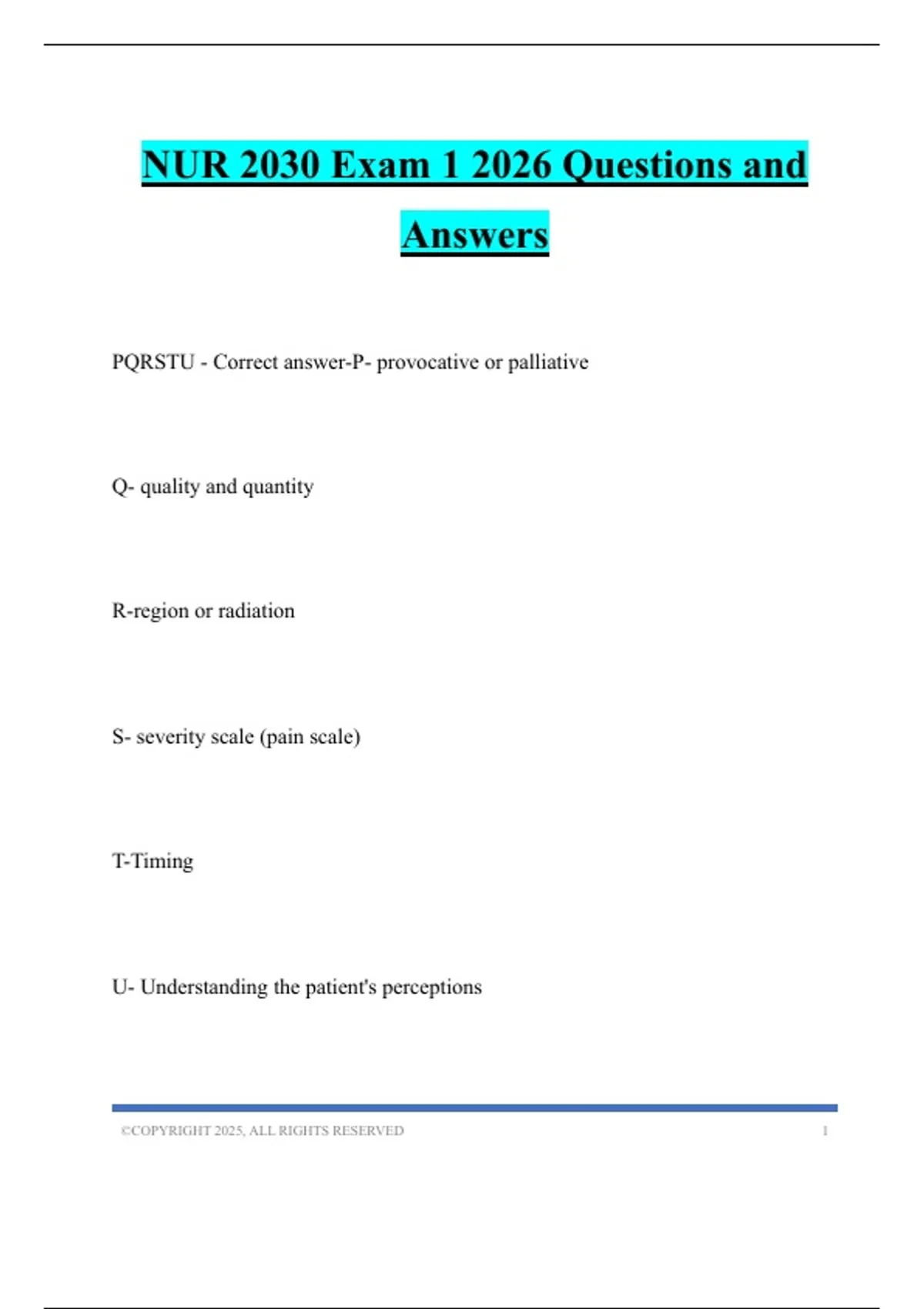 NUR 2030 Exam 1 2026 Questions and Answers - MGMT 105 - Stuvia US