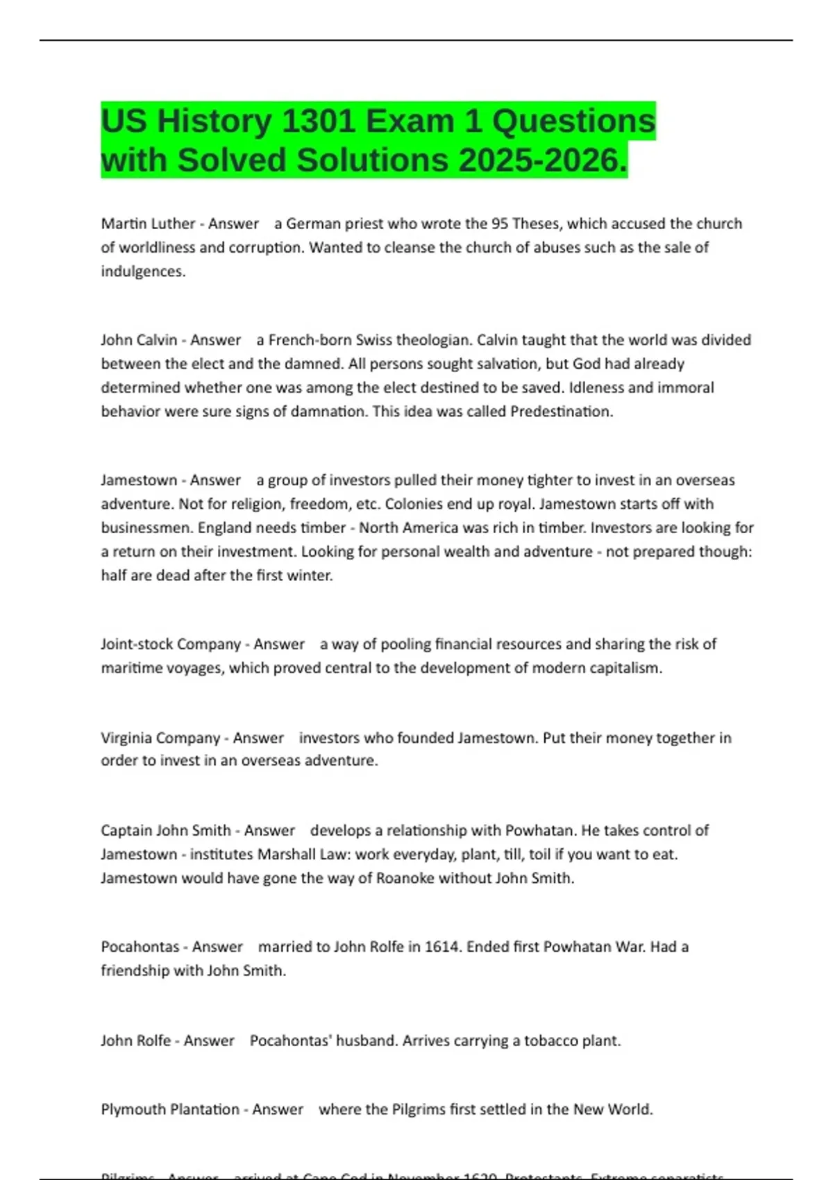US History 1301 Exam 1 Questions with Solved Solutions . - History 1301 ...