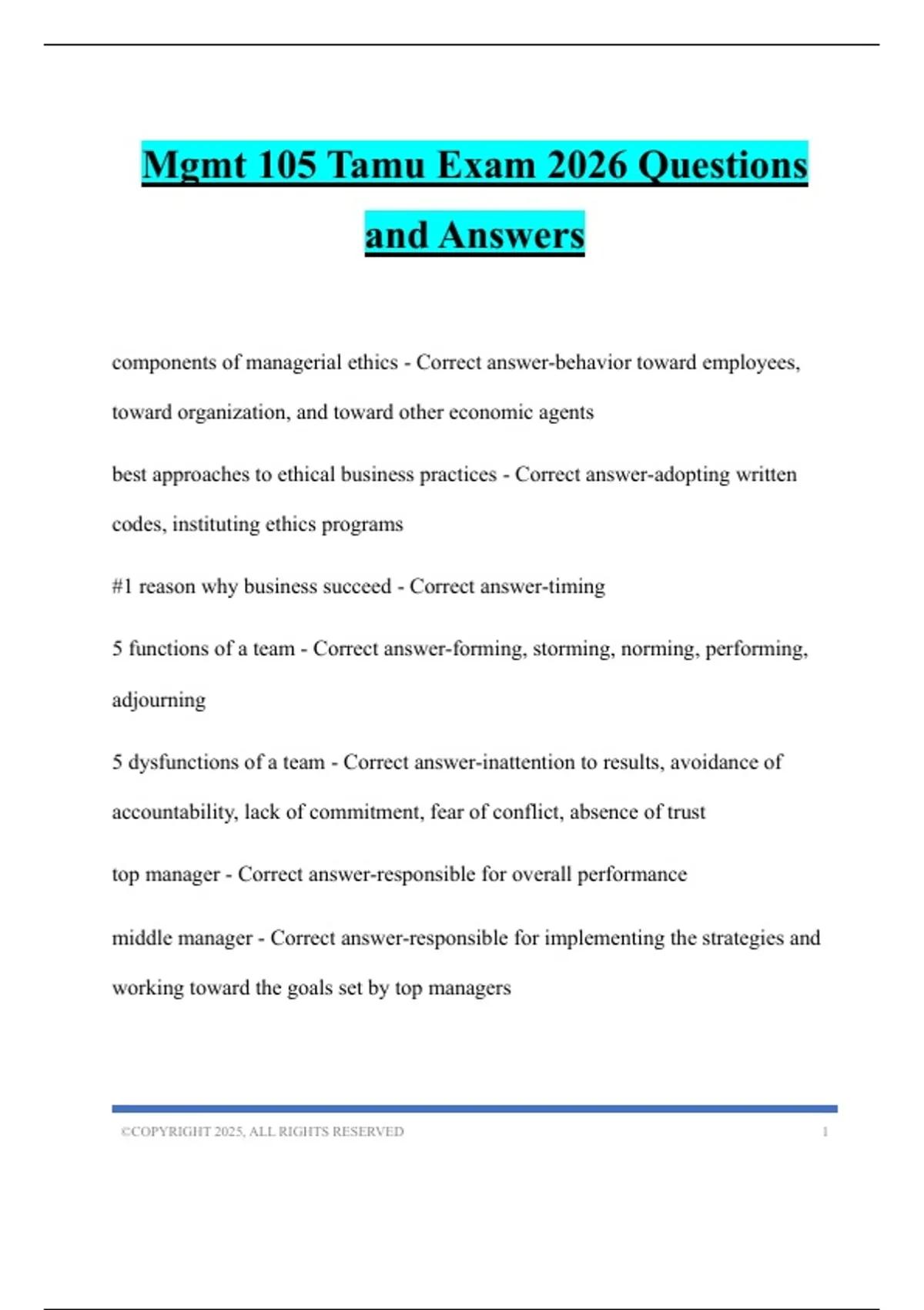 Mgmt 105 Tamu Exam 2026 Questions and Answers - MGMT 105 - Stuvia US