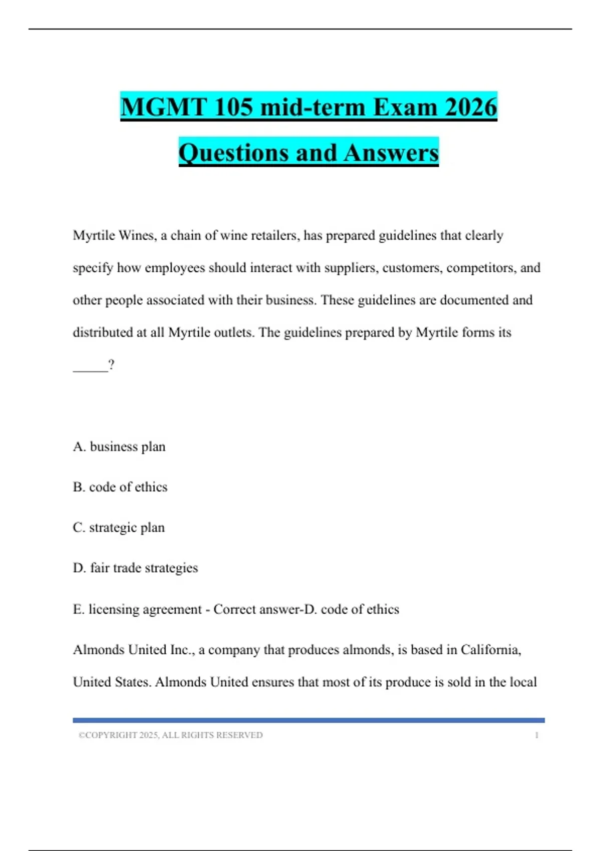 MGMT 105 mid-term Exam 2026 Questions and Answers - MGMT 105 - Stuvia US