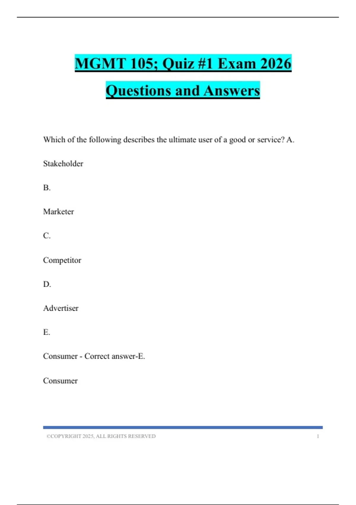 MGMT 105; Quiz #1 Exam 2026 Questions and Answers - Mgmt 105 - Stuvia US