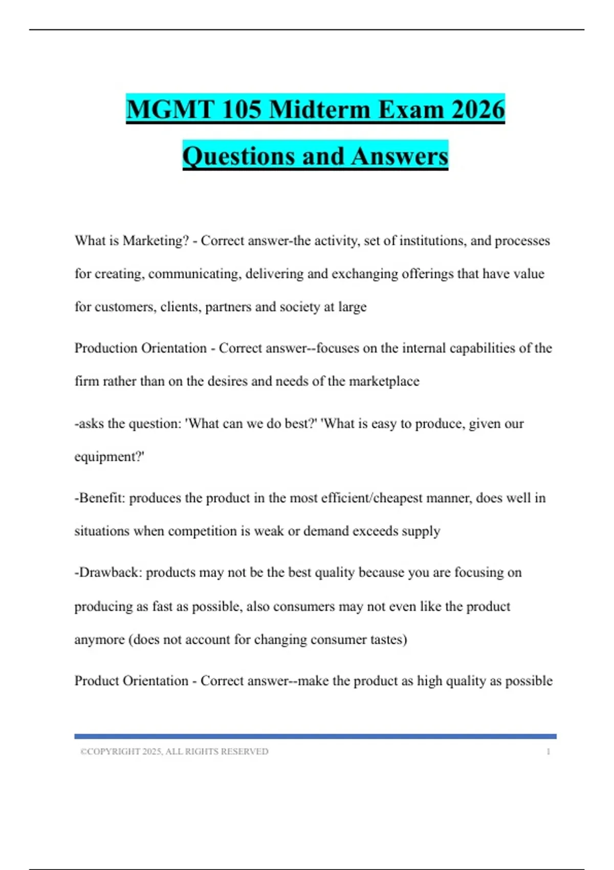 MGMT 105 Midterm Exam 2026 Questions and Answers - Mgmt 105 - Stuvia US