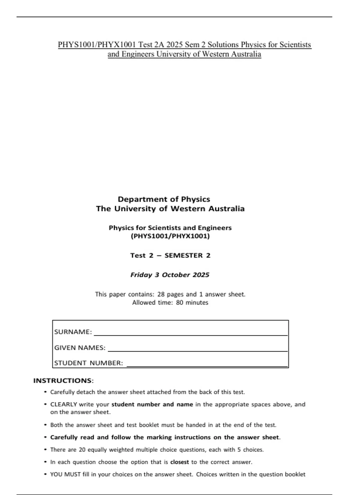 PHYS1001/PHYX1001 Test 2A 2025 Sem 2 Solutions Physics for Scientists ...