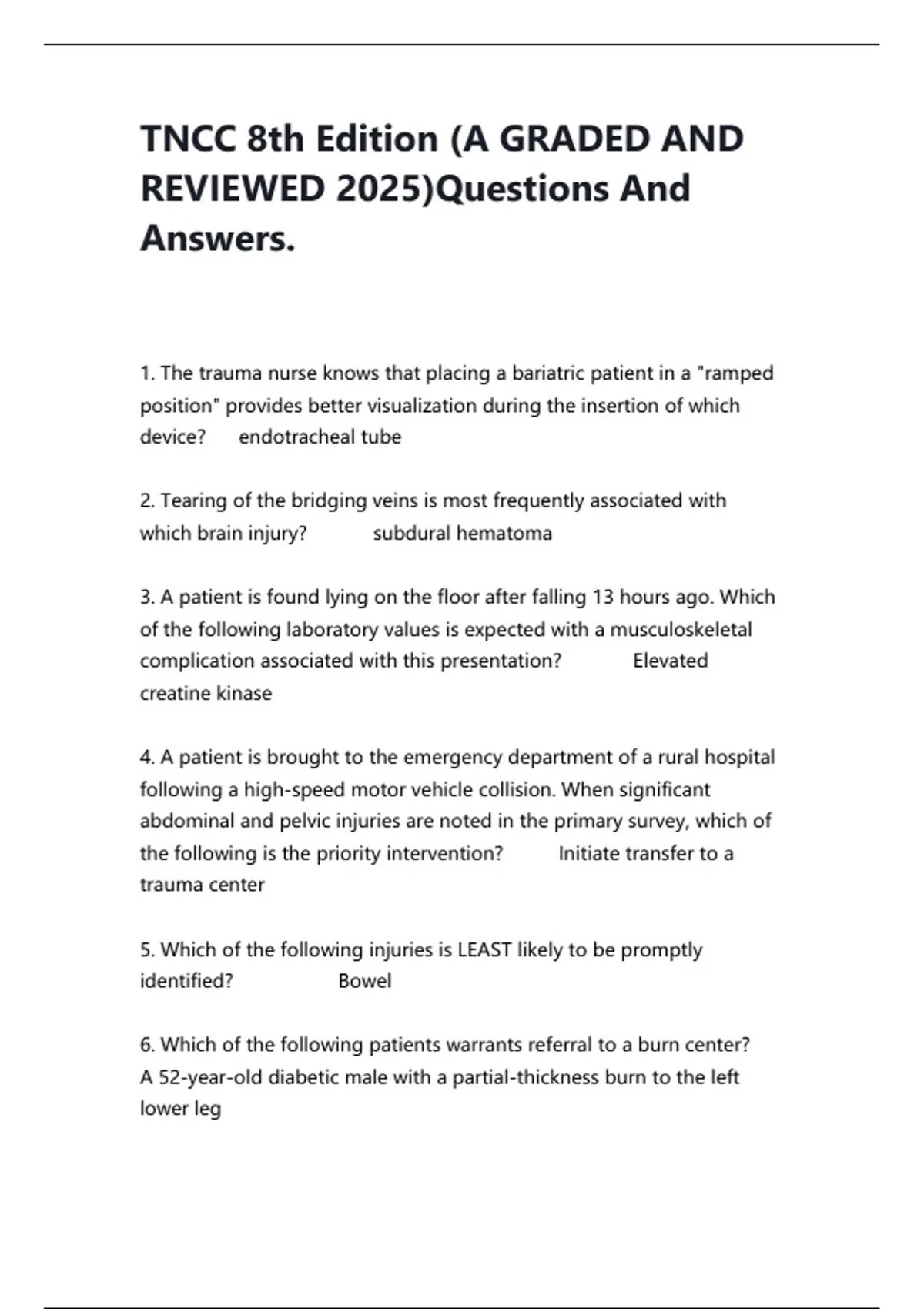 Tncc Questions TNCC 8th Edition (A Graded and Reviewed 2025) | Complete TNCC Questions ...