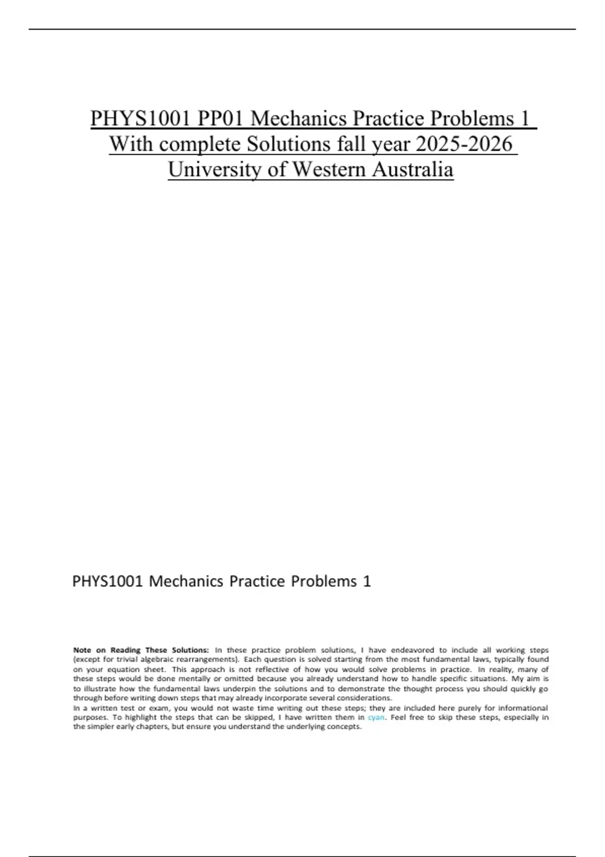 PHYS1001 PP01 Mechanics Practice Problems 1 With complete Solutions ...