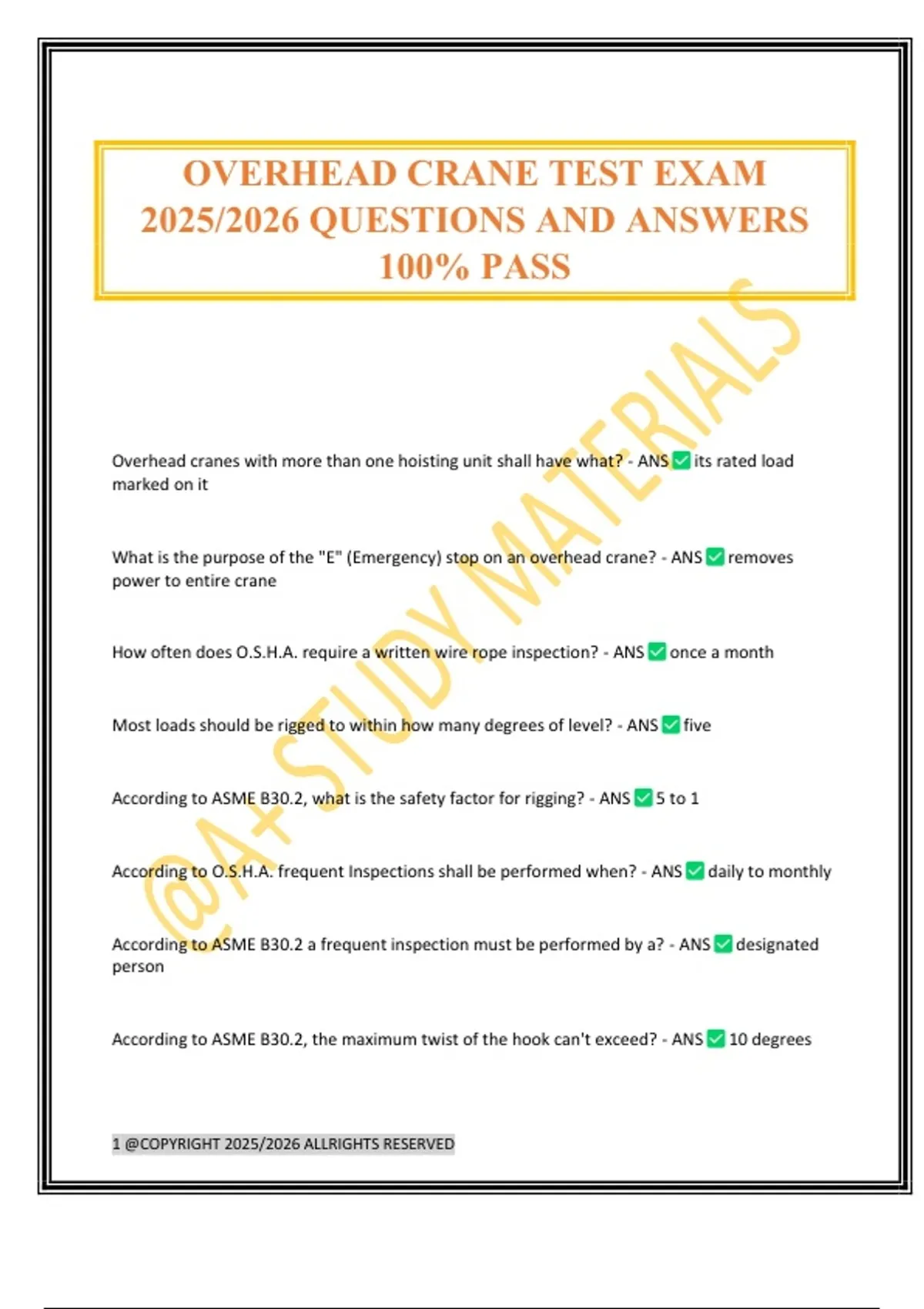Overhead Questions OVERHEAD CRANE TEST EXAM 2025/2026 QUESTIONS AND ANSWERS 100% PASS ...