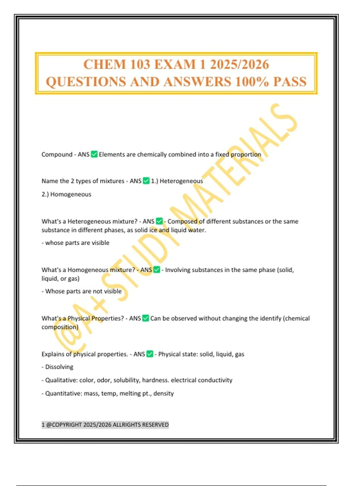 CHEM 103 EXAM 1 2025/2026 QUESTIONS AND ANSWERS 100% PASS - Chem 103 ...