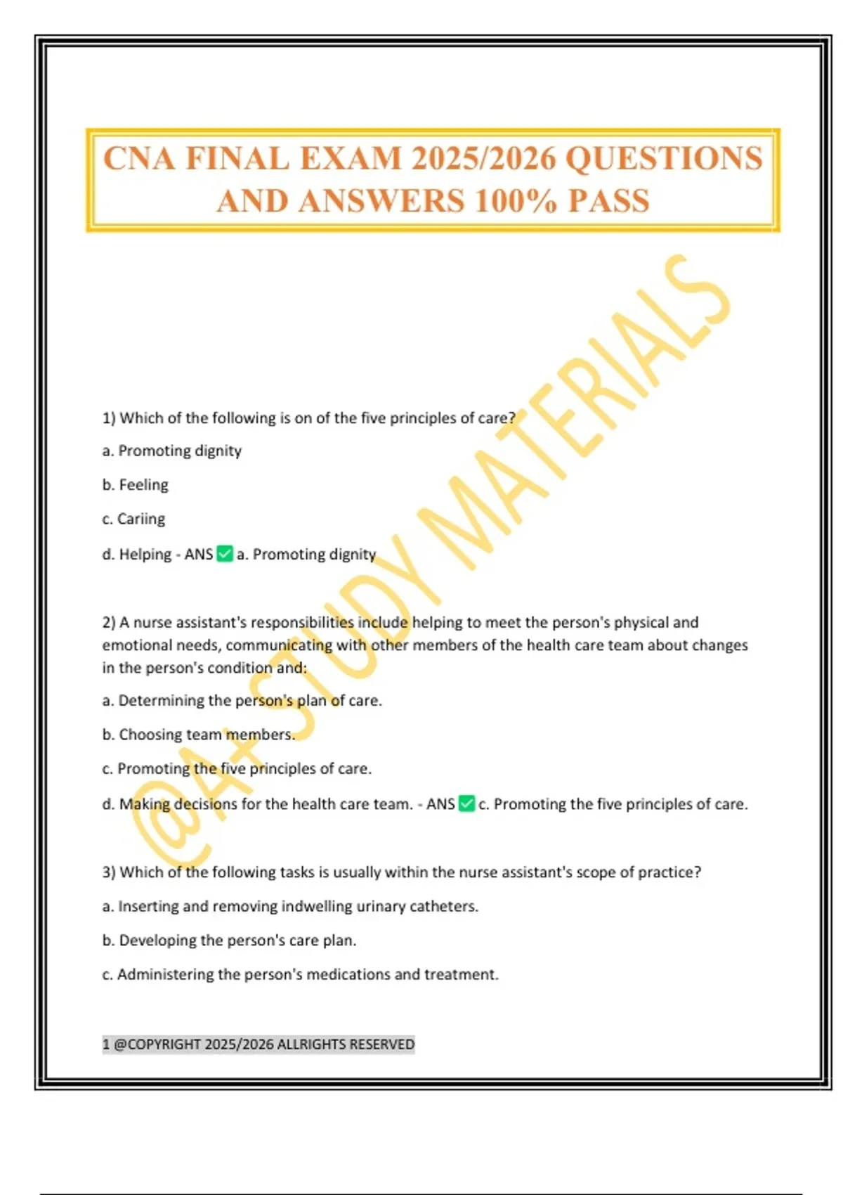 CNA FINAL EXAM 2025/2026 QUESTIONS AND ANSWERS 100% PASS - CNA - Stuvia US