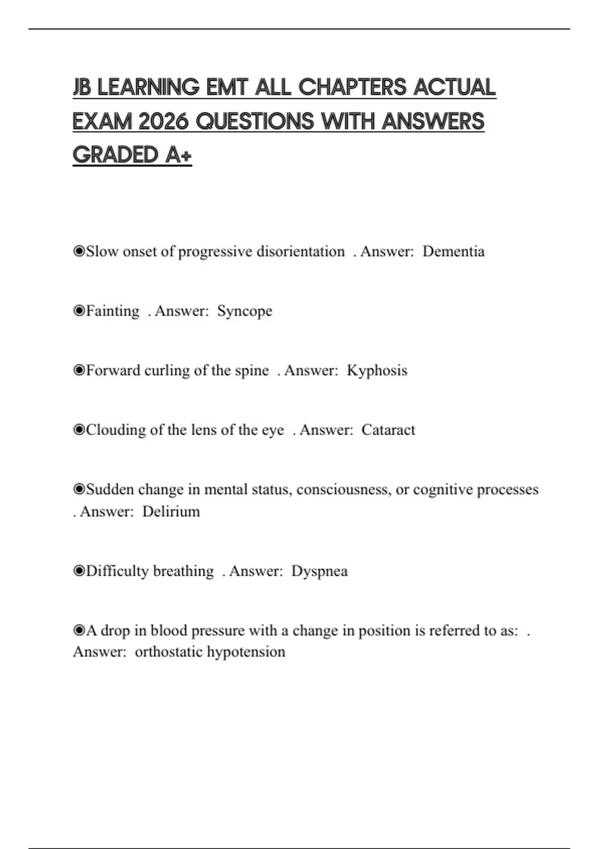 All Chapters JB LEARNING EMT ALL CHAPTERS ACTUAL EXAM 2026 QUESTIONS WITH ANSWERS ...