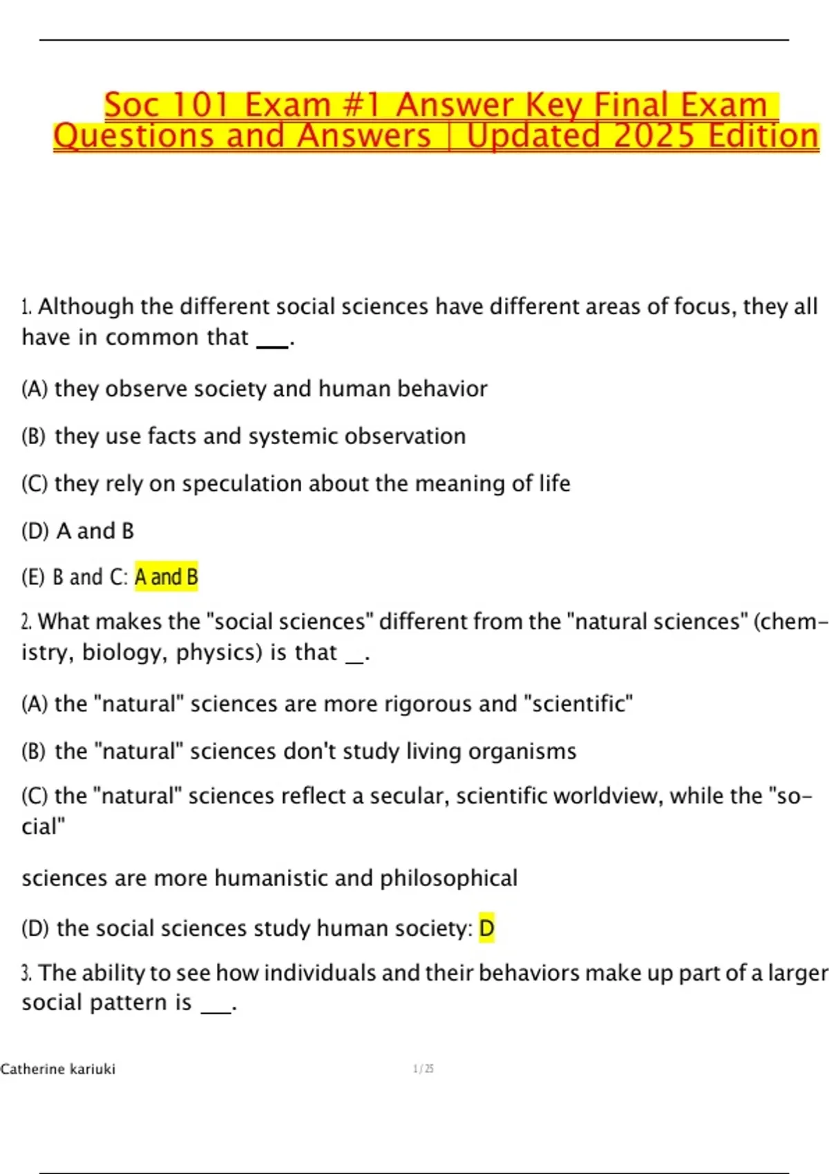 Soc 101 Exam -1 Answer Key Final Exam Questions and Answers Updated ...