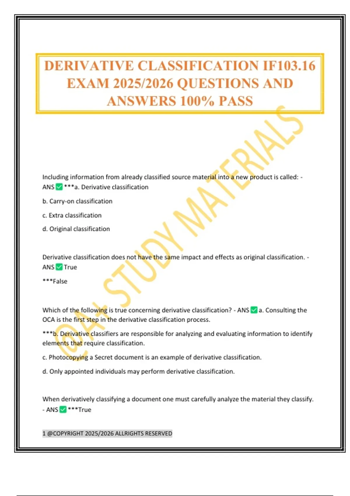 DERIVATIVE CLASSIFICATION IF103.16 EXAM 2025/2026 QUESTIONS AND ANSWERS ...