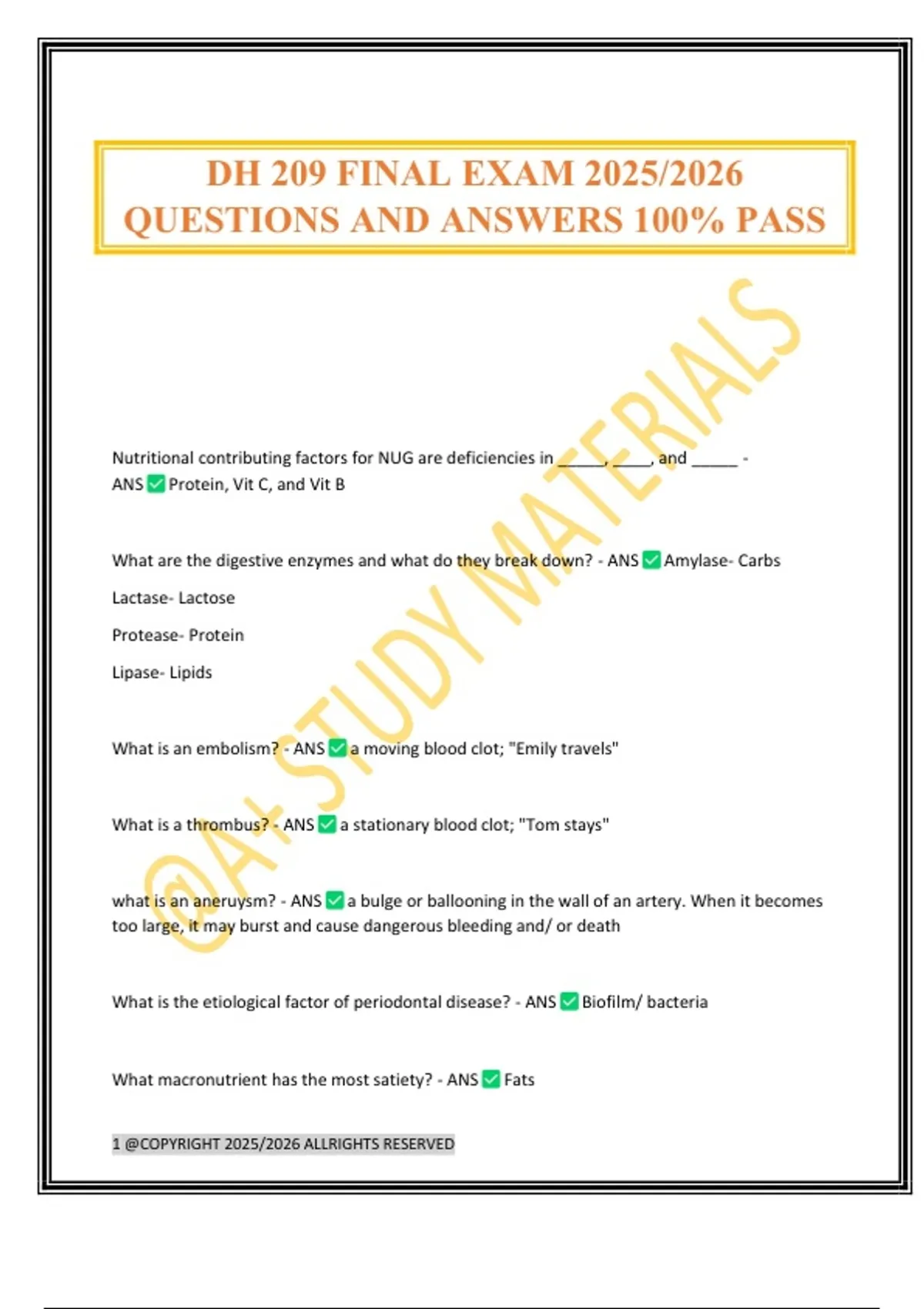 DH 209 FINAL EXAM 2025/2026 QUESTIONS AND ANSWERS 100% PASS - DH 209 ...
