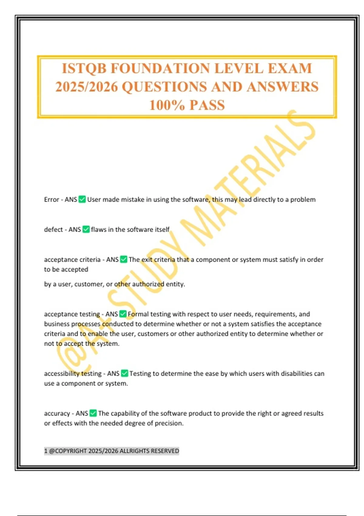ISTQB FOUNDATION LEVEL EXAM 2025/2026 QUESTIONS AND ANSWERS 100% PASS - ISTQB - Stuvia US