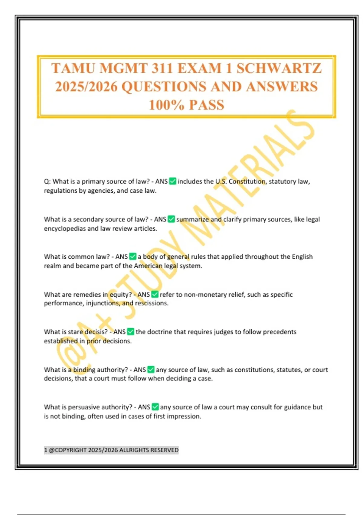 TAMU MGMT 311 EXAM 1 SCHWARTZ 2025/2026 QUESTIONS AND ANSWERS 100% PASS ...