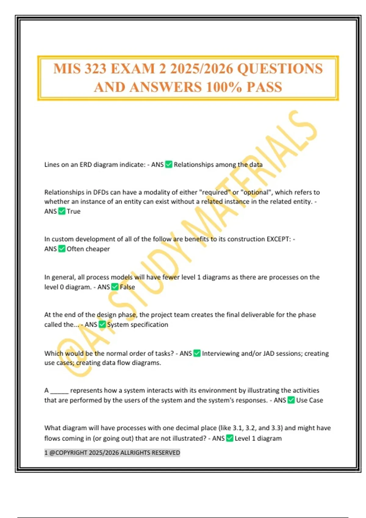 MIS 323 EXAM 2 2025/2026 QUESTIONS AND ANSWERS 100% PASS - MIS 323 ...