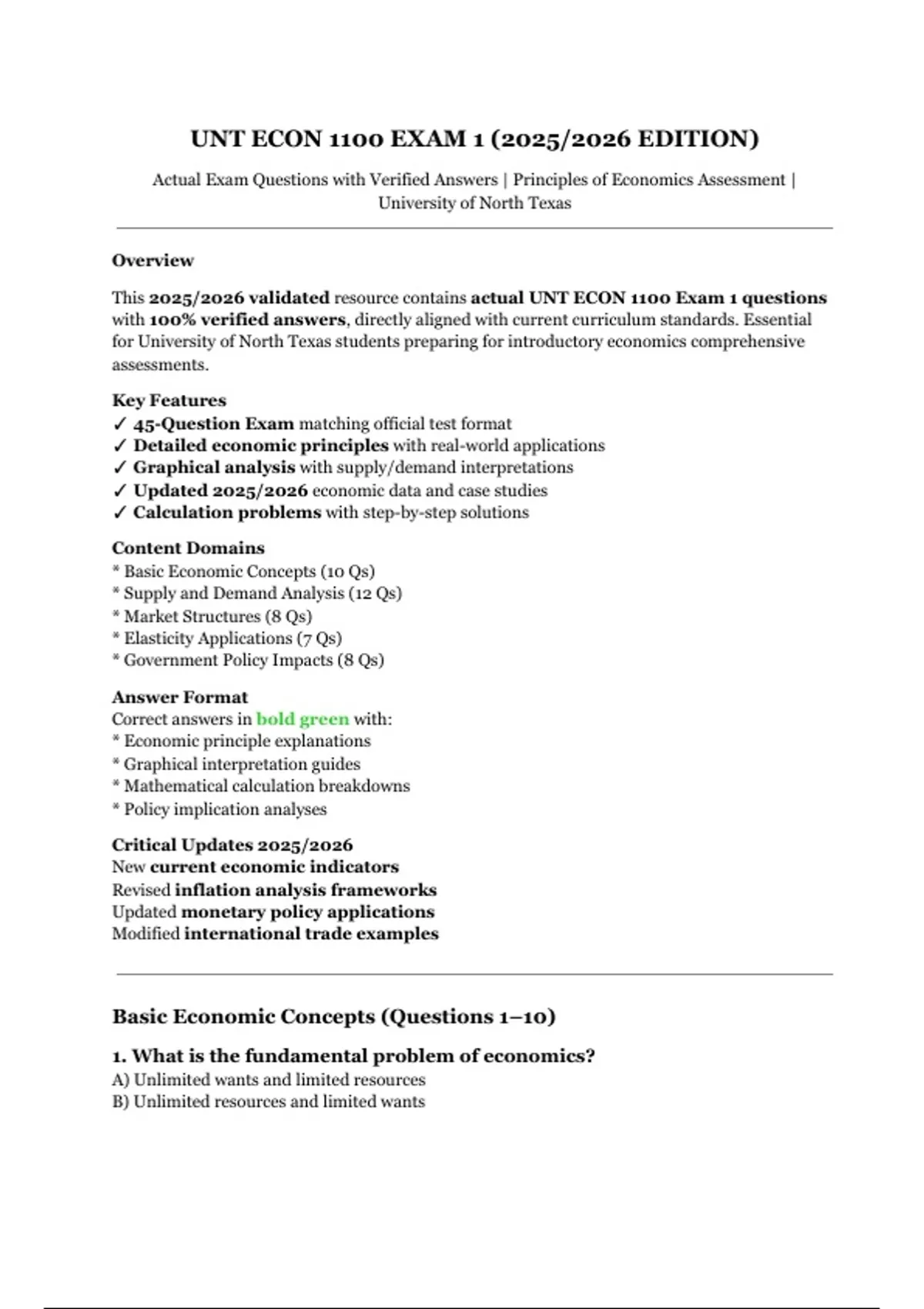 UNT ECON 1100 Exam 1 (2025/2026 Edition) — Actual Exam Questions with ...