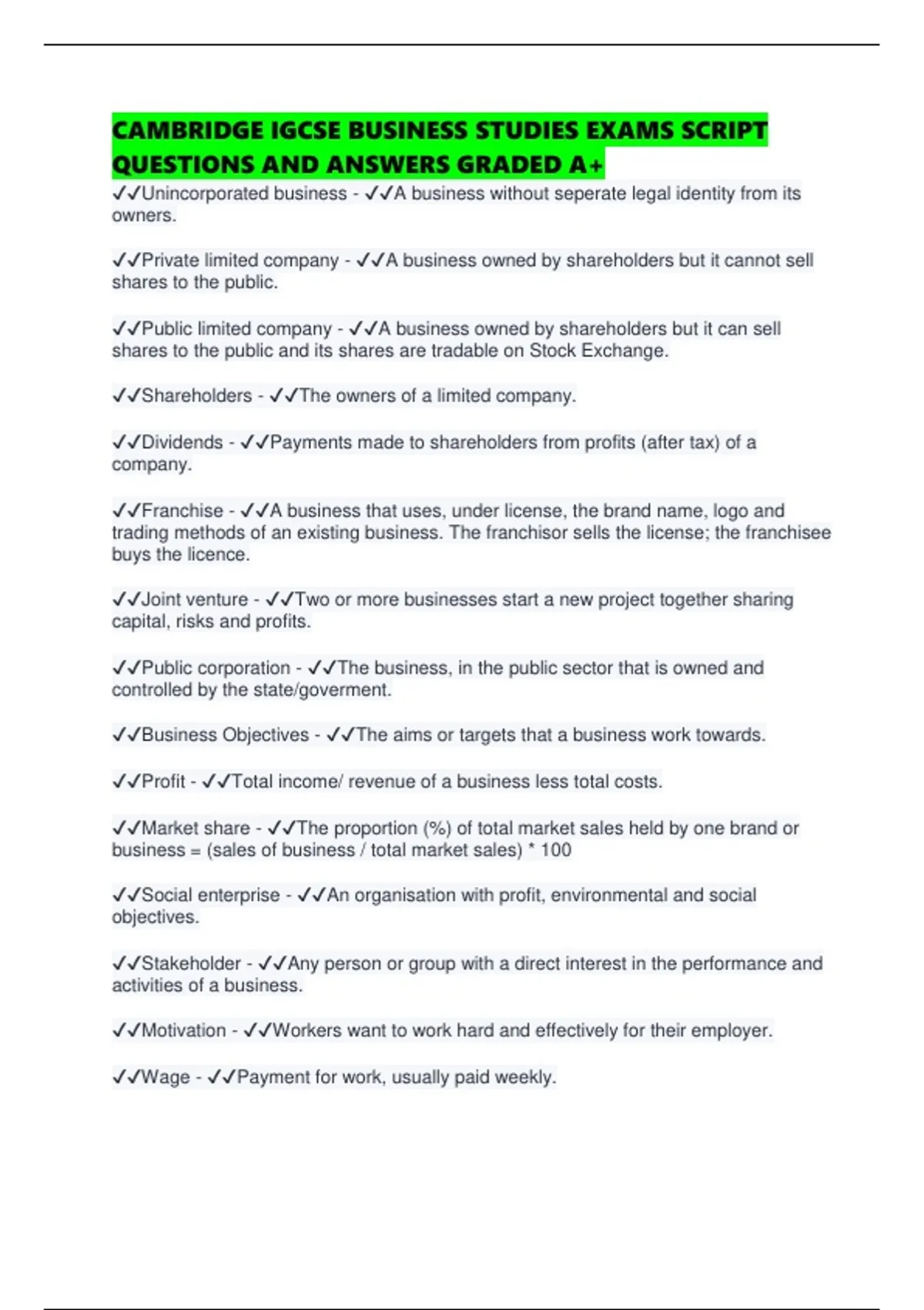 Cambridge Script Example CAMBRIDGE IGCSE BUSINESS STUDIES EXAMS SCRIPT QUESTIONS AND ANSWERS ...