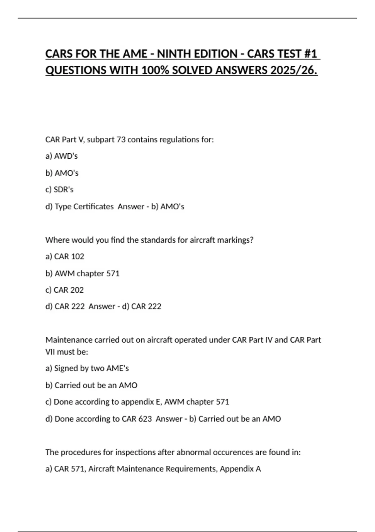 CARS FOR THE AME - NINTH EDITION - CARS TEST #1 QUESTIONS WITH 100% SOLVED ANSWERS 2025/26 ...