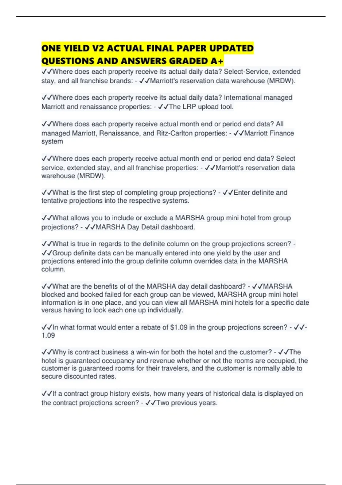 ONE YIELD V2 ACTUAL FINAL PAPER UPDATED QUESTIONS AND ANSWERS GRADED A+ ...