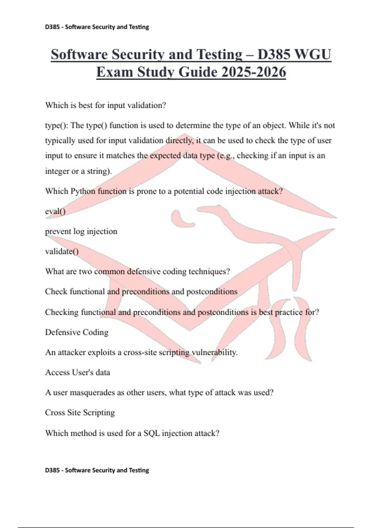 Software Security and Testing – D385 WGU Exam Study Guide - Software ...