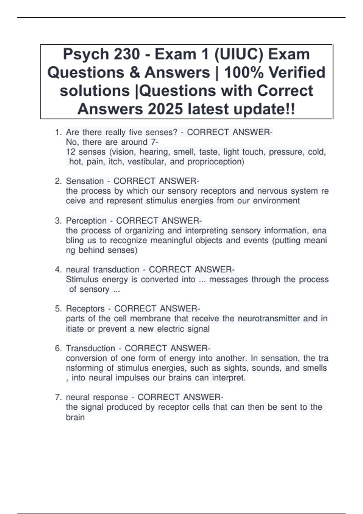 Psych 230 - Exam 1 (UIUC) Exam Questions & Answers | 100% Verified ...