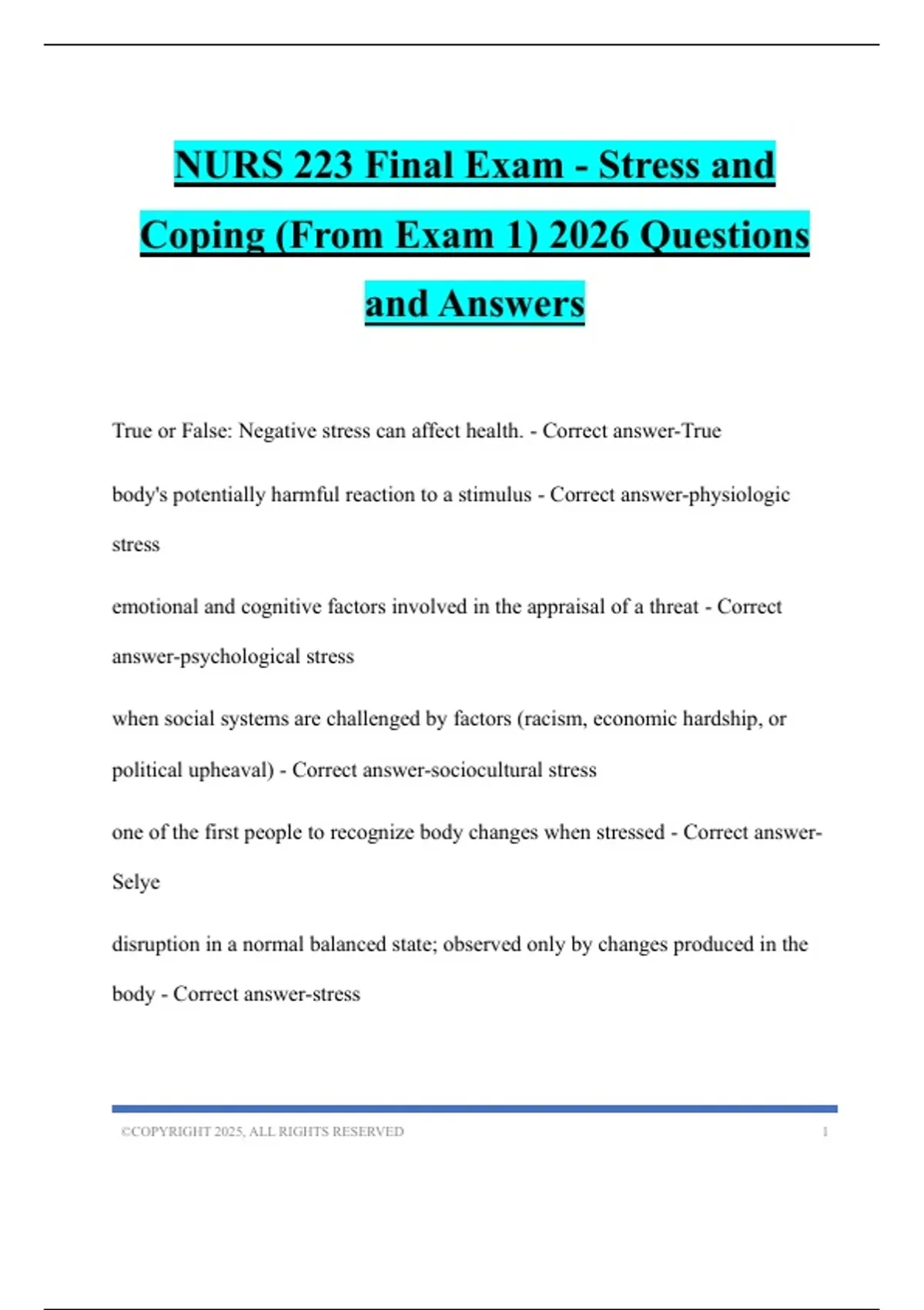 NURS 223 Final Exam - Stress and Coping (From Exam 1) 2026 Questions ...