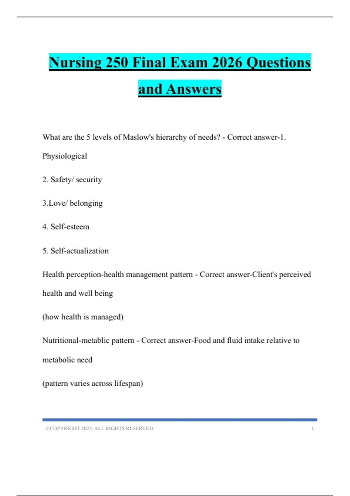 Nursing 250 Final Exam 2026 Questions and Answers - Nursing 250 - Stuvia US