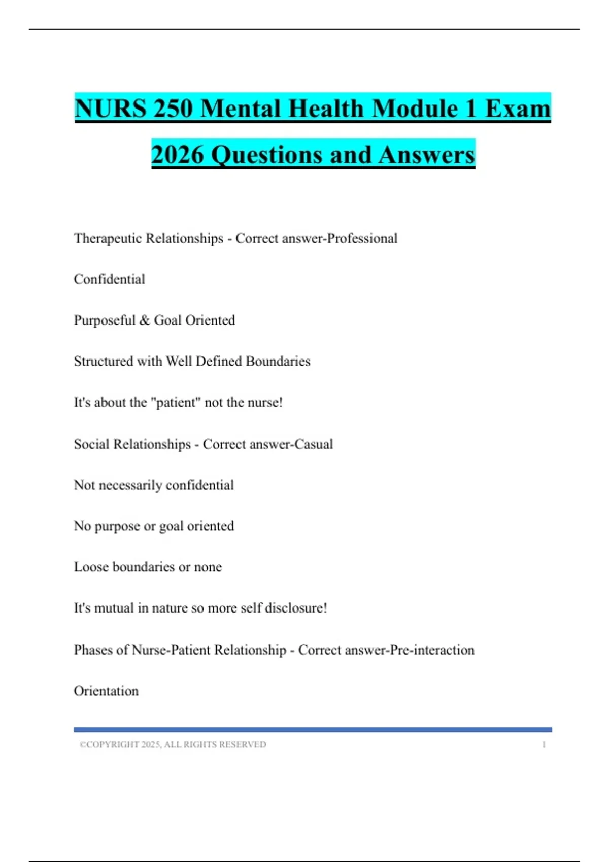 NURS 250 Mental Health Module 1 Exam 2026 Questions and Answers ...