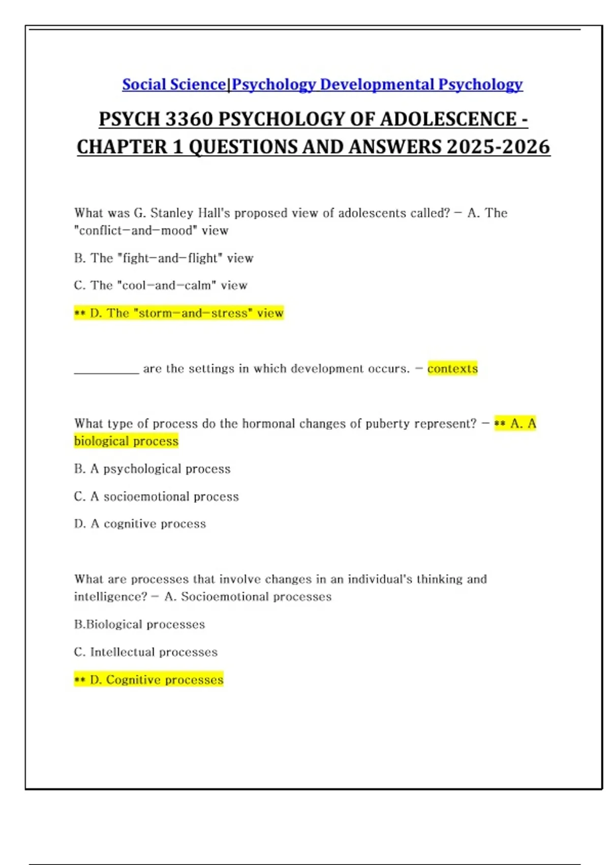 PSYCH 3360 PSYCHOLOGY OF ADOLESCENCE - CHAPTER 1 QUESTIONS AND ANSWERS ...