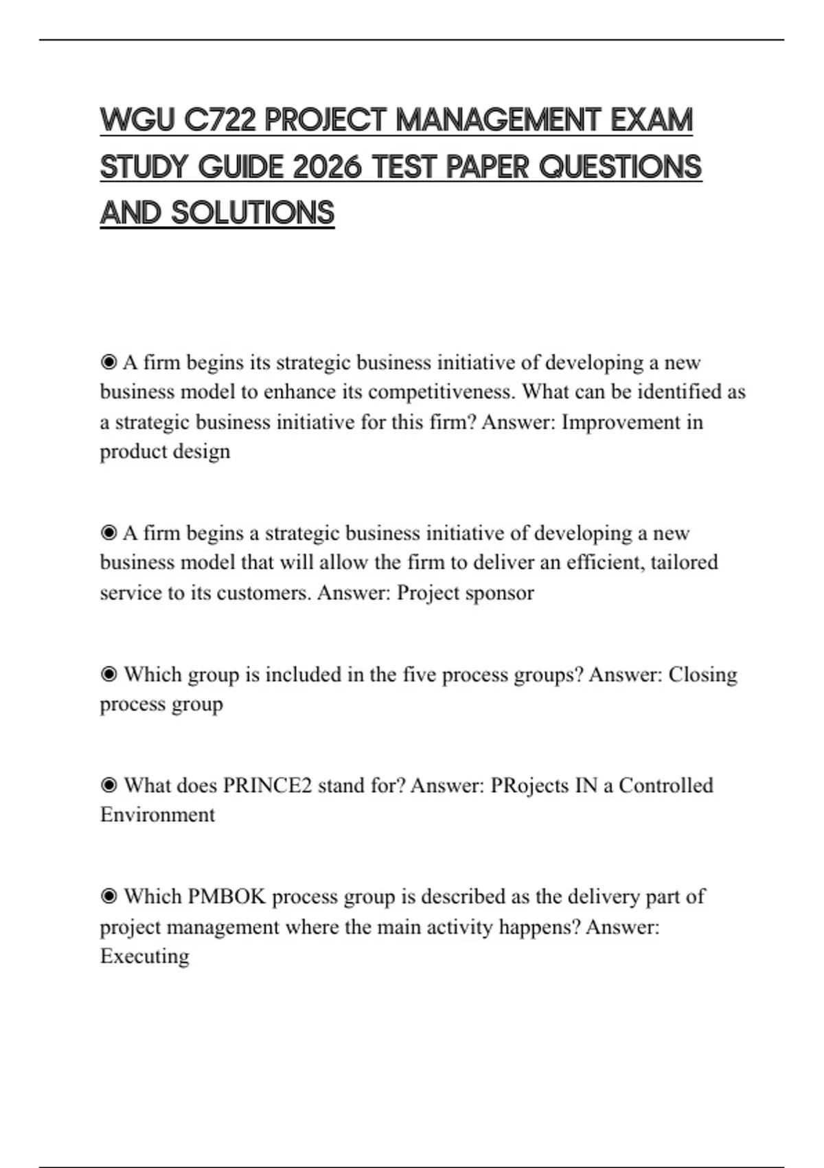 WGU C722 PROJECT MANAGEMENT EXAM STUDY GUIDE 2026 TEST PAPER QUESTIONS ...