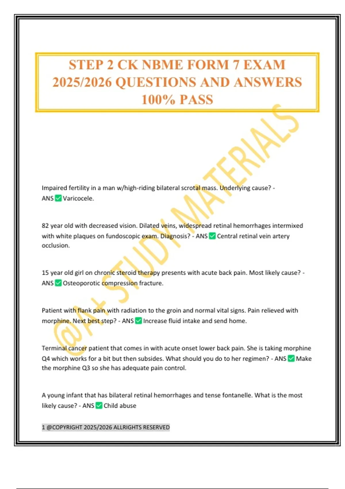 STEP 2 CK NBME FORM 7 EXAM 2025/2026 QUESTIONS AND ANSWERS 100% PASS ...