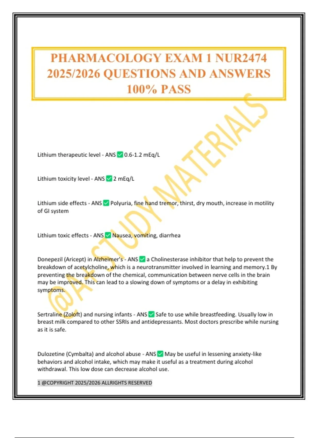 PHARMACOLOGY EXAM 1 NUR/2026 QUESTIONS AND ANSWERS 100% PASS - NUR2474 ...