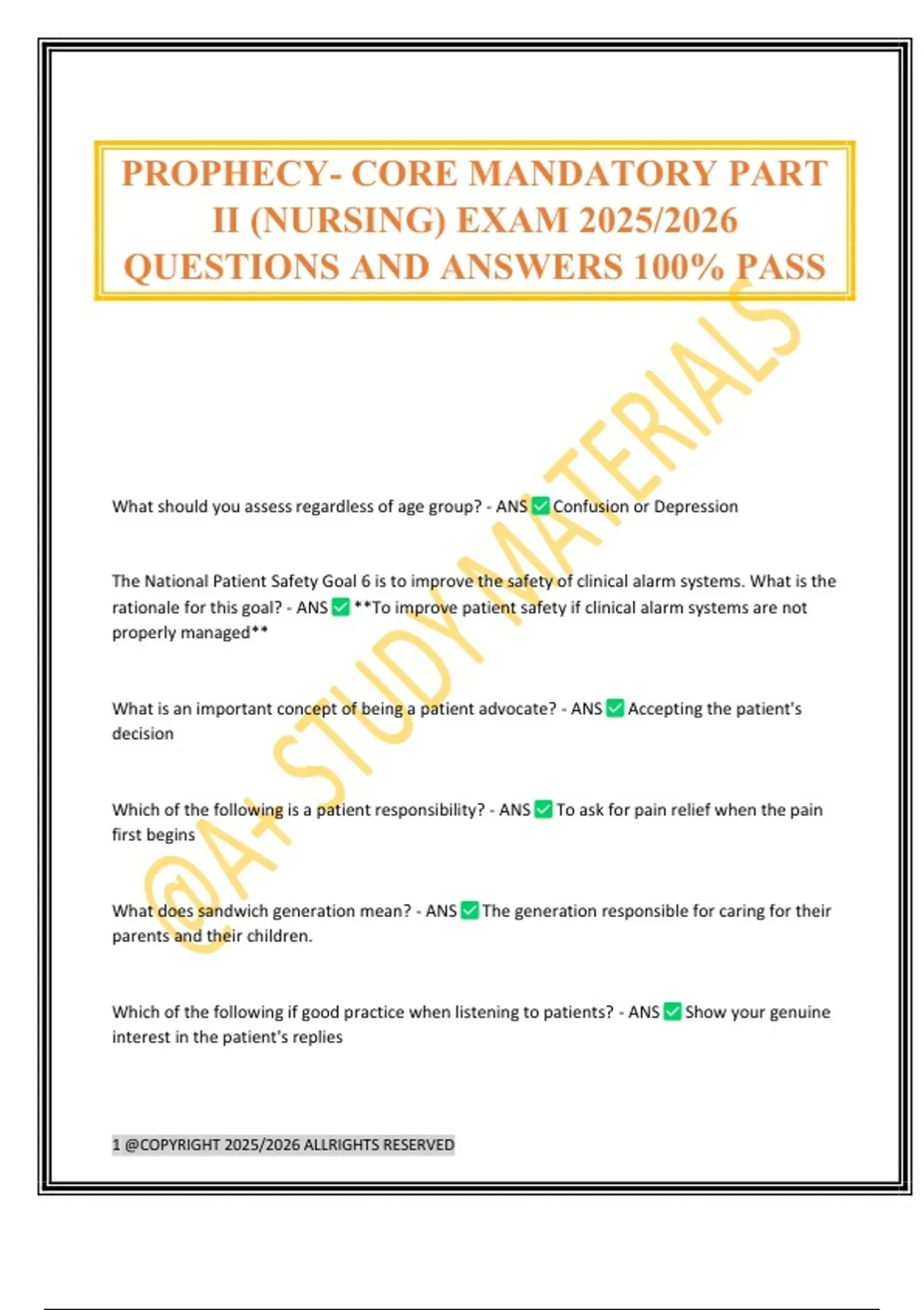 PROPHECY- CORE MANDATORY PART II (NURSING) EXAM 2025/2026 QUESTIONS AND ANSWERS 100% PASS ...