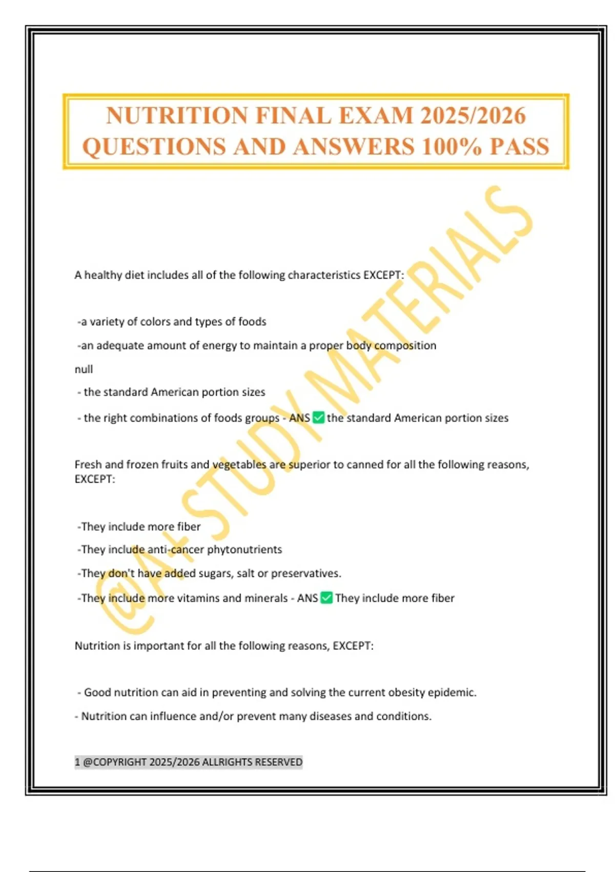 NUTRITION FINAL EXAM 2025/2026 QUESTIONS AND ANSWERS 100% PASS ...