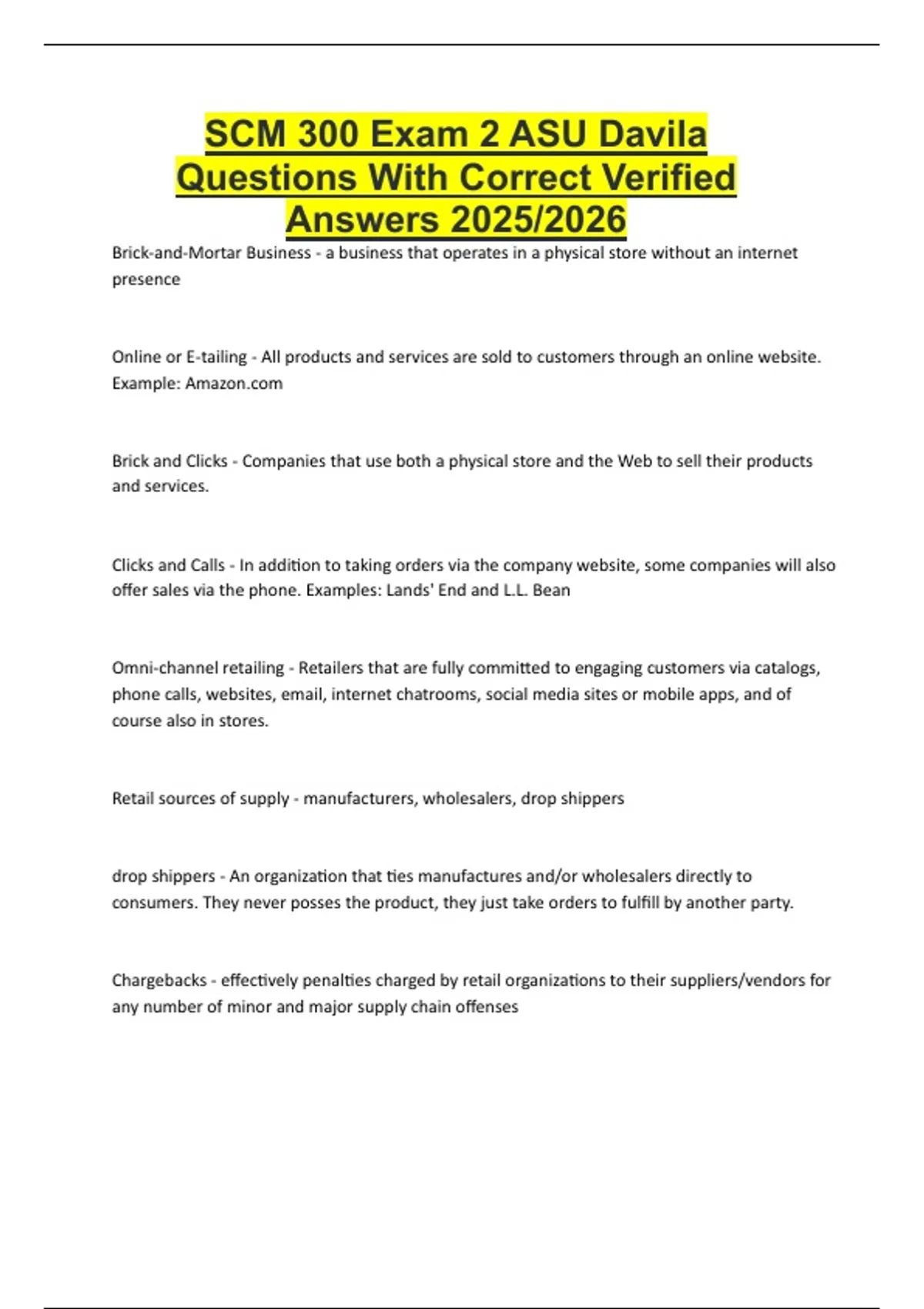 SCM 300 Exam 2 ASU Davila Questions With Correct Verified Answers 2025/ ...