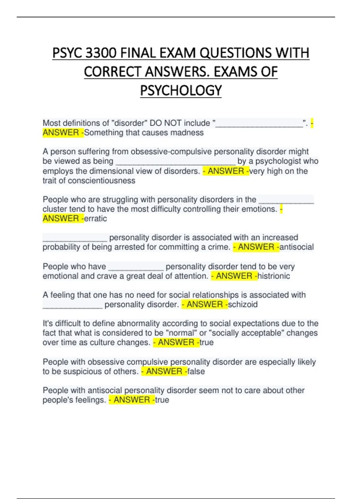 PSYC 3300 FINAL EXAM QUESTIONS WITH CORRECT ANSWERS. EXAMS OF ...