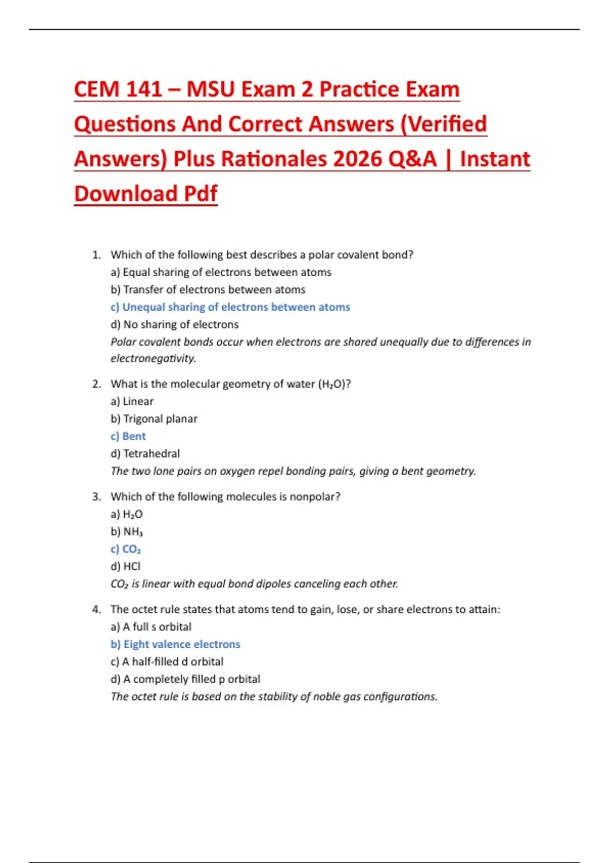 CEM 141 – MSU Exam 2 Practice Exam Questions And Correct Answers ...