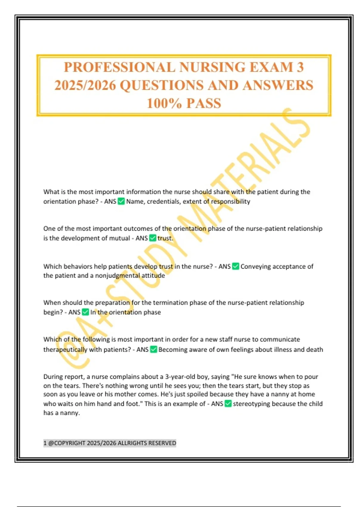 PROFESSIONAL NURSING EXAM 3 2025/2026 QUESTIONS AND ANSWERS 100% PASS ...