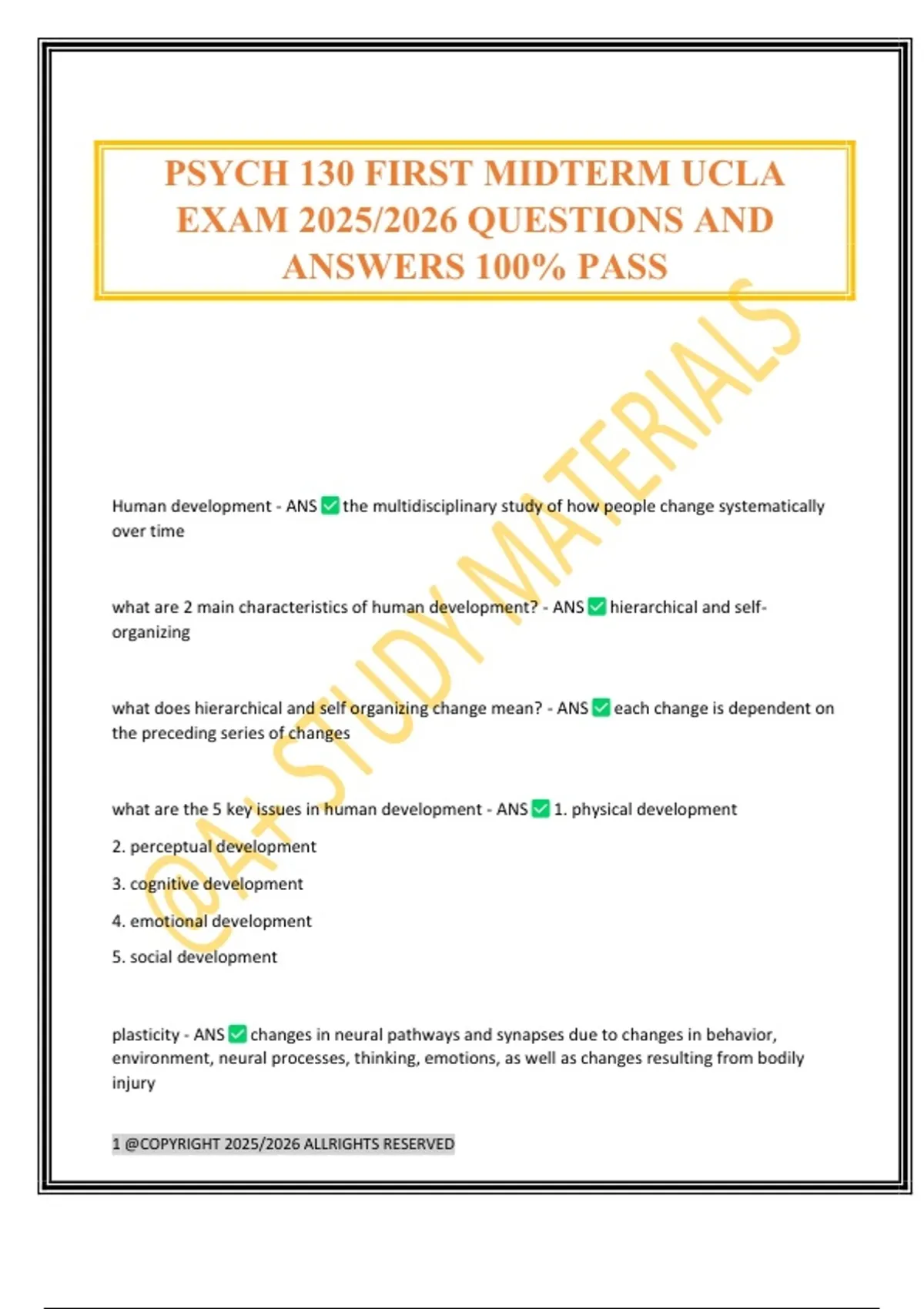 PSYCH 130 FIRST MIDTERM UCLA EXAM 2025/2026 QUESTIONS AND ANSWERS 100% ...