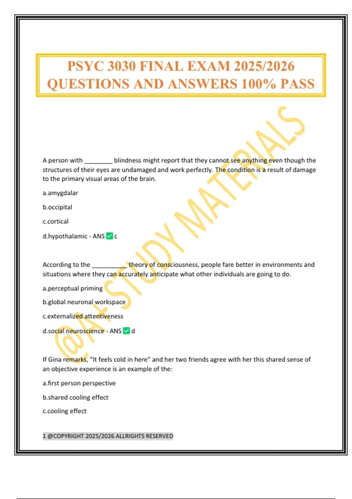 PSYC 3030 FINAL EXAM 2025/2026 QUESTIONS AND ANSWERS 100% PASS - PSYC ...